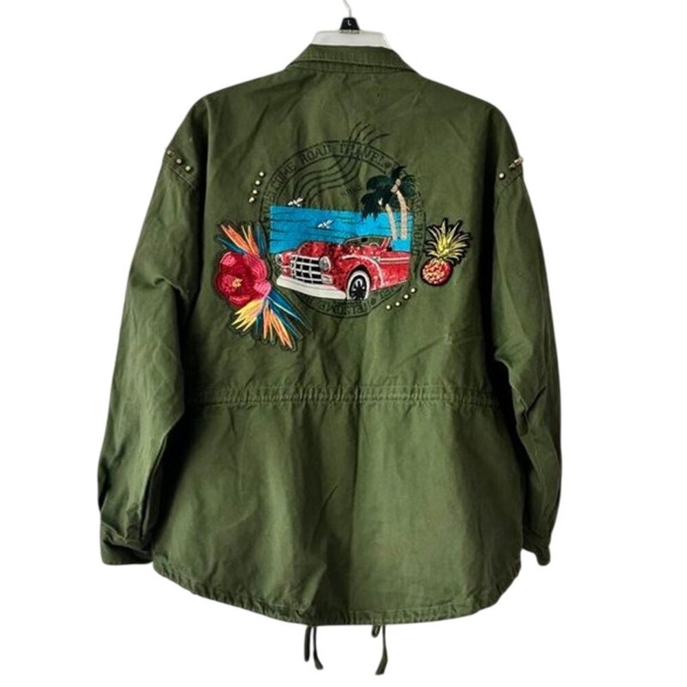 Zara Woman Green Embroidered Utility Jacket Tropical Patch Studded Oversized M - Picture 3 of 16